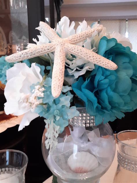 Beach Bouquet Centerpiece With Floating Candles Wedding Seashells