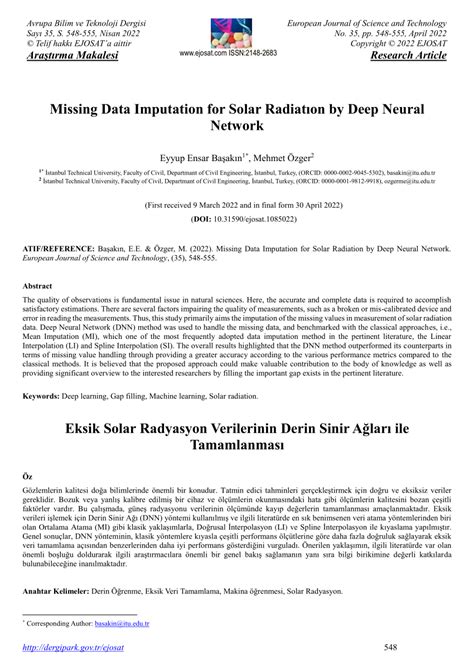PDF Missing Data Imputation for Solar Radiatıon by Deep Neural Network