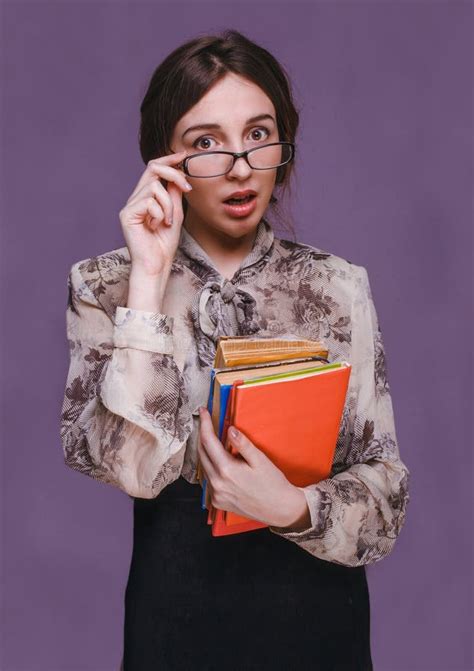 Woman Girl Brunette Teacher Glasses Books Surprised Open Stock Photos