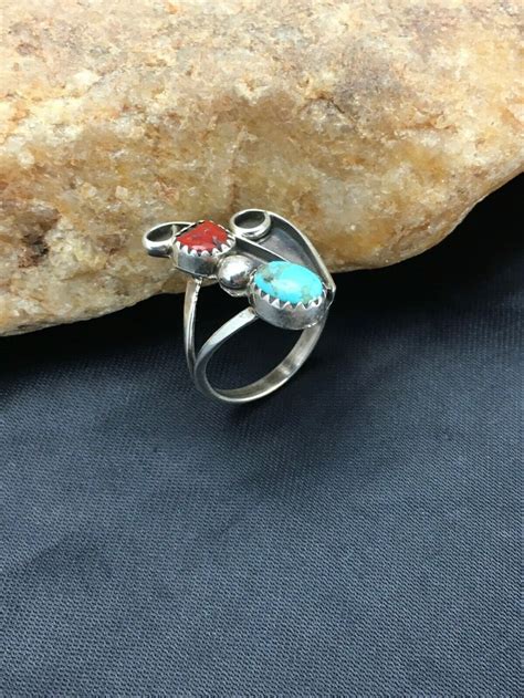 Native American Sterling Silver Blue Turquoise Coral Ring Set Etsy