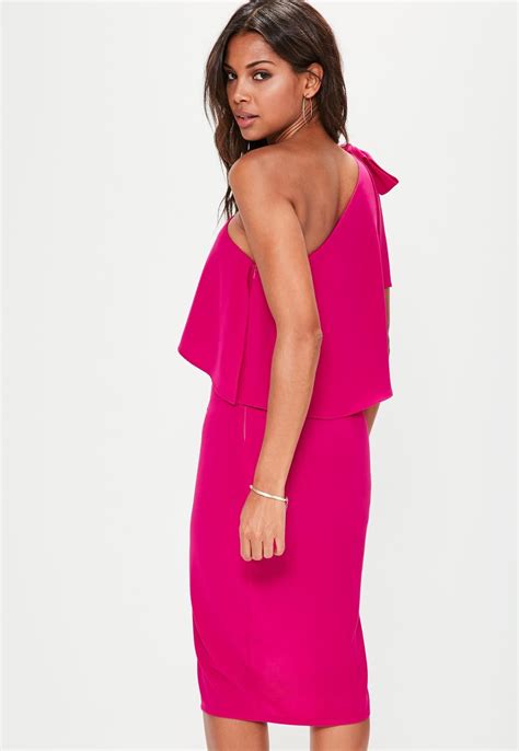 Missguided Pink Crepe One Shoulder Bow Sleeve Midi Dress Women