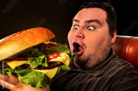 Diet Failure Of Fat Man Eat Fast Food Breakfast For Mad Overweight