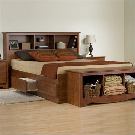 Prepac Monterey Queen Bookcase Platform Storage Bed In Cherry Bedroom
