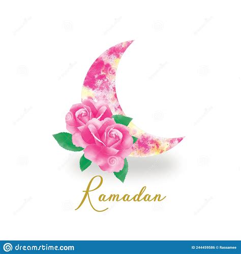 Watercolor Ramadan Artistic Crescent Moon And Pink Roses Bouquet On