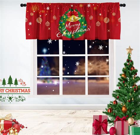 Christmas Wreath Kitchen Curtain Valances Xmas Ball Ornaments Short