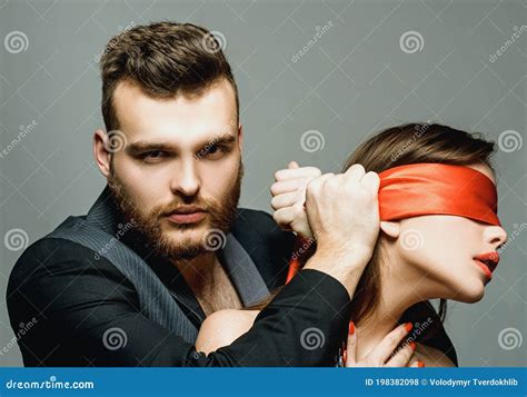Macho Well Groomed Confident Hipster And Woman Tied Hands Red Ribbon