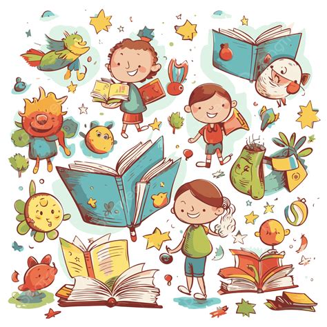 Literacy Clipart Hand Drawn Kids With Books Drawing Vector Cartoon