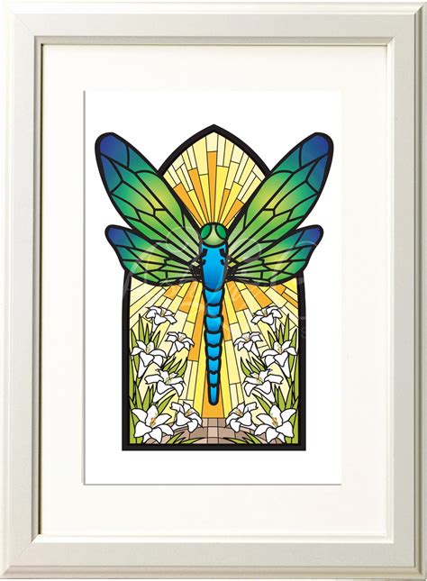 Art Nouveau Dragonfly Stainglass Illustration 8x10 Print