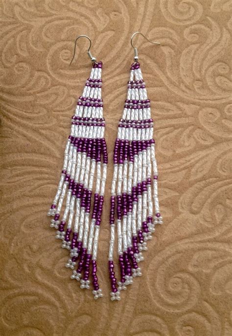 Comanche Weave Pearl And Purple Hand Beaded Earrings