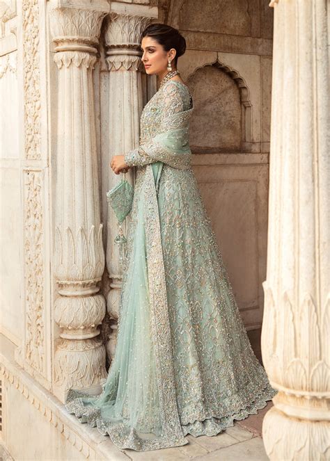 Elegant Pakistani Maxi Dress In Mint Green Color Online Nameera By