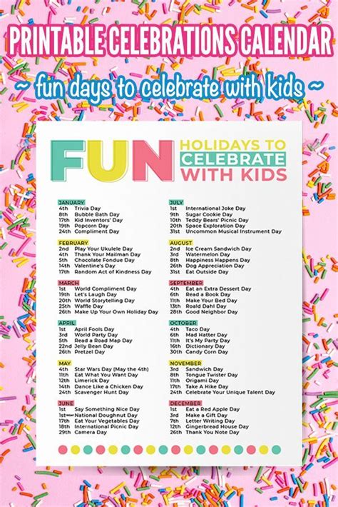 The Printable Celebration Calendar For Kids Is Shown With Sprinkles On It