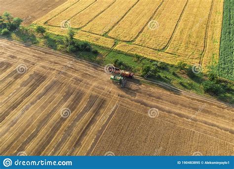 Combine Harvester Harvesting Wheat Aerial View Wheat Field At Sunset