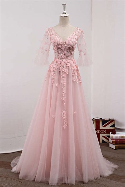 Pink Tulle Long Sweet 16 Prom Dress With Short Sleeves Prom Dress