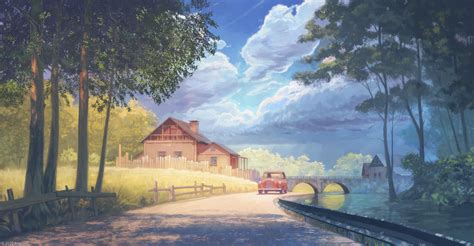 Download 2076x1080 Anime Landscape House Road Trees Scenery Clouds Bridge Wallpapers