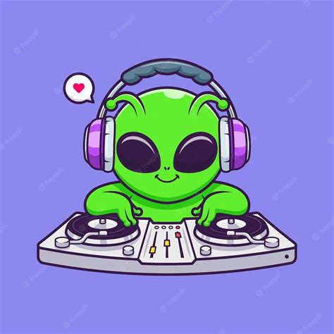 Free Vector Cute Alien Playing Dj Electronic Music With Headphone