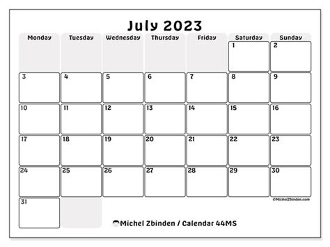 July 2023 Printable Calendar “51ms” Michel Zbinden Uk