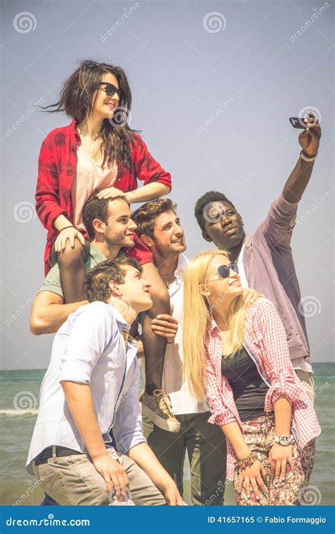 Friends Having Fun While Taking A Selfie Stock Image Image Of Multiracial Portrait 41657165