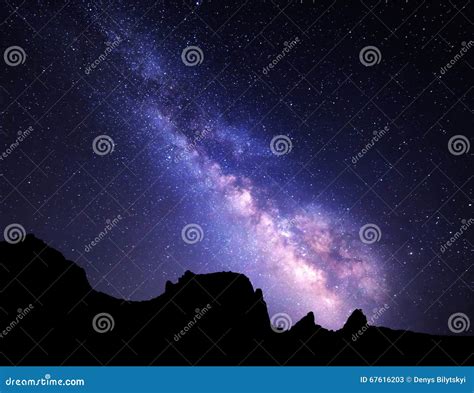 Landscape With Milky Way Night Sky With Stars At Mountains Stock Image