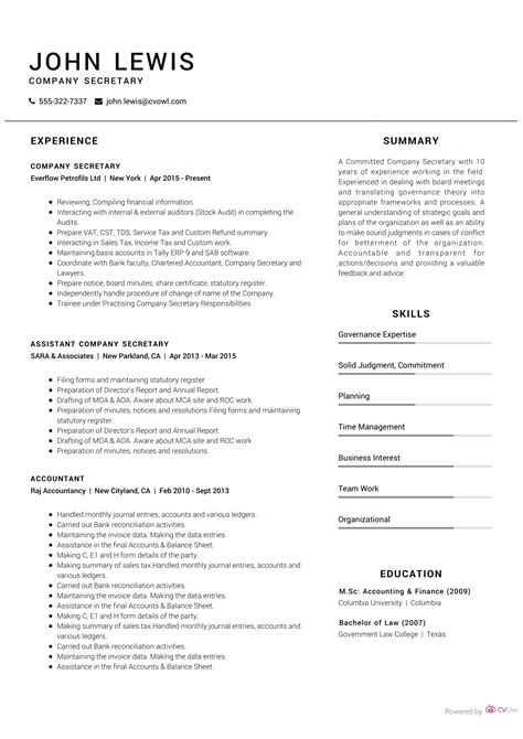 Without professional experience, writing a resume for an internship can be tough. Company secretary Resume Sample | CV Owl