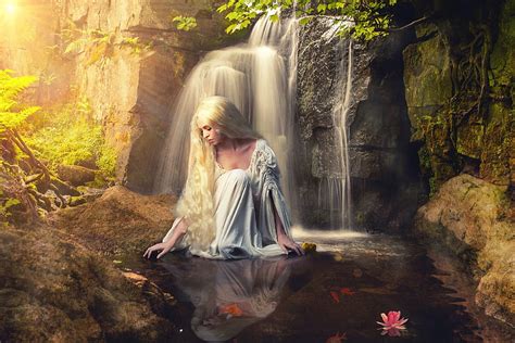Art Of Blonde Near A Waterfall Waterfall Model Reflection Blonde