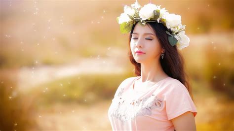 wallpaper closed eyes asian dress wreaths person romance flower girl beauty woman