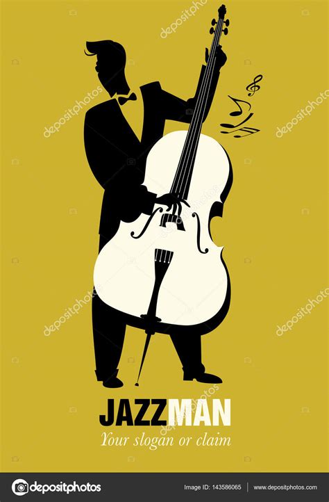 Retro Cartoon Music Double Bass Player Playing Song Musical Note