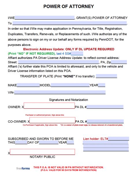 Free Pennsylvania Motor Vehicle Power Of Attorney Form Pdf Word