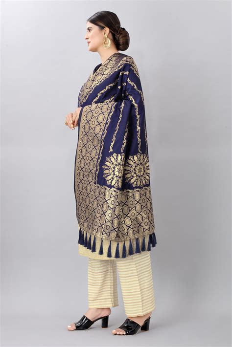 Women Navy Blue And Gold Toned Jacquared Banarasi Dupatta Silk Zone