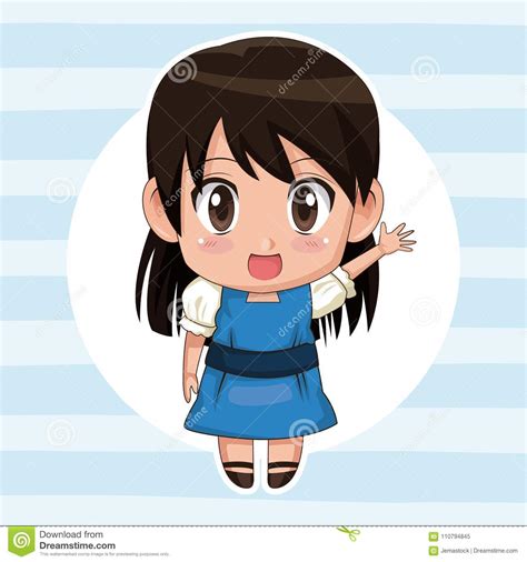 Blue Striped Color Background With Circular Frame And Cute Anime Girl