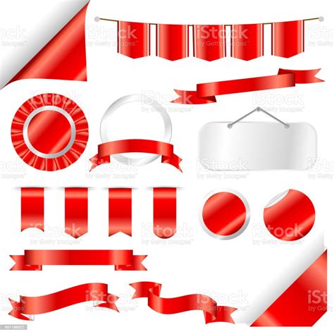Red Ribbons Flag And Labels Set Isolated On White Background Vector