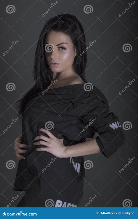 Closeup Studio Portrait Beauty Brunette Woman Wearing Black Clothes