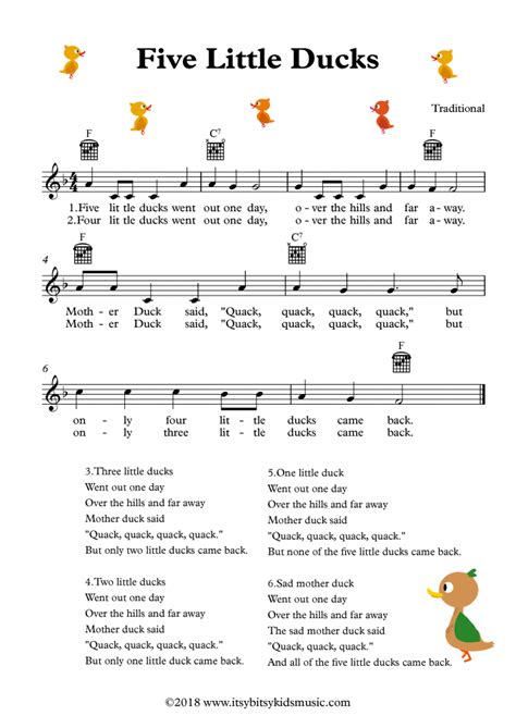 Five Little Ducks Sheet Music With Chords And Lyrics Kindergarten Songs