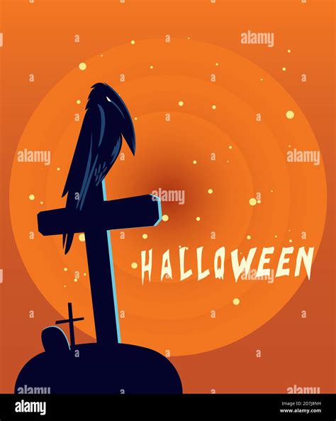 Halloween Raven Cartoon On Grave Design Holiday And Scary Theme Vector