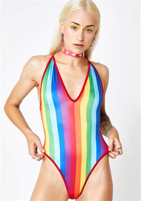 Bodysuit High Waist Striped Rainbow Dolls Kill