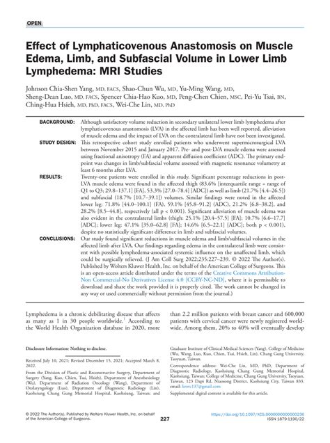 Pdf Effect Of Lymphaticovenous Anastomosis On Muscle Edema Limb And