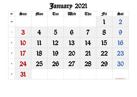 January 2021 Printable Calendar With Week Numbers Free Premium