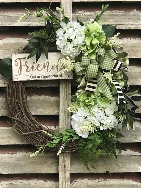 White And Green Hydrangea Wreath For Front Door Farmhouse Etsy