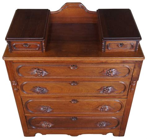 Antique Victorian Carved Walnut Step Back Dresser Glovebox Drawers Chest
