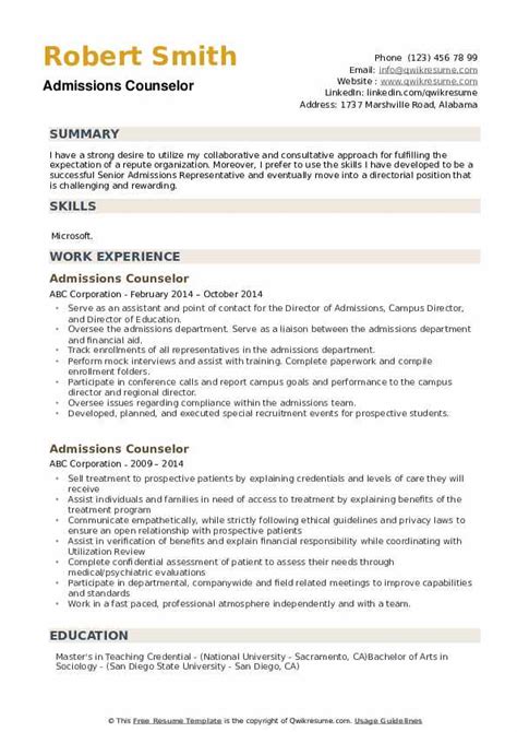 admissions counselor resume samples qwikresume