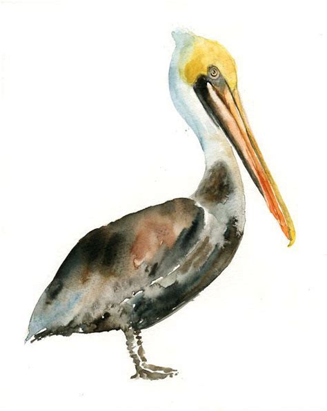 A Watercolor Painting Of A Pelican With A Yellow Beak And Long Legs