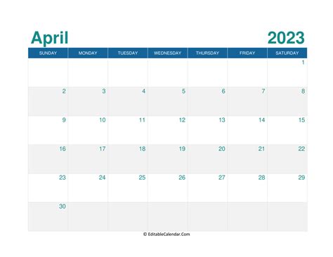 Download Printable Monthly Calendar April 2023 Word Version