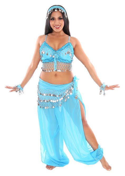 6 Piece Genie Belly Dancer Costume In Blue Silver