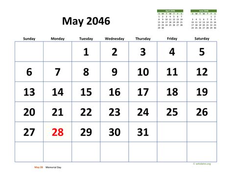 May 2046 Calendar With Extra Large Dates