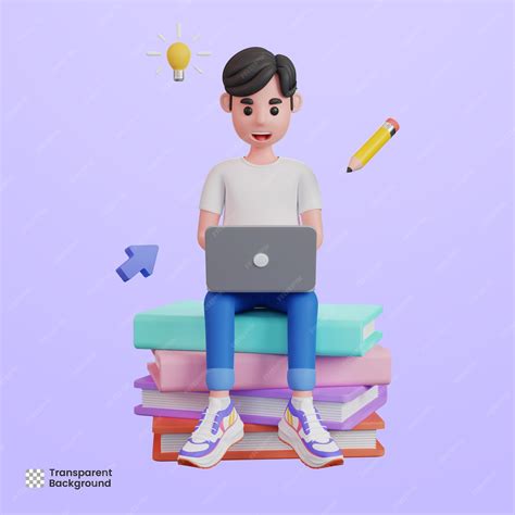 Premium Psd 3d Male Character Studying On Laptop While Sitting On Books