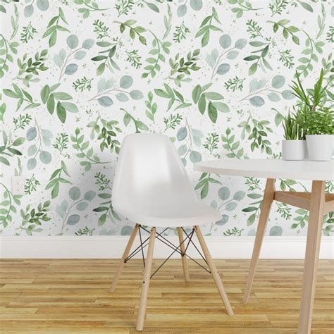 Peel And Stick Wallpaper 2ft Wide Watercolor Leaves Pattern Eucalyptus