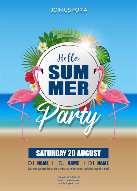 Hello Summer Party Poster With Pink Flamingos And Tropical Plants On