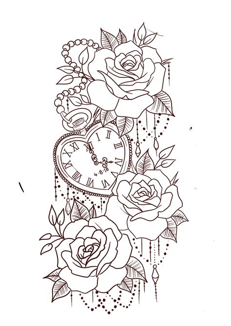 Half Sleeve Tattoo Stencils With Roses And Clocks