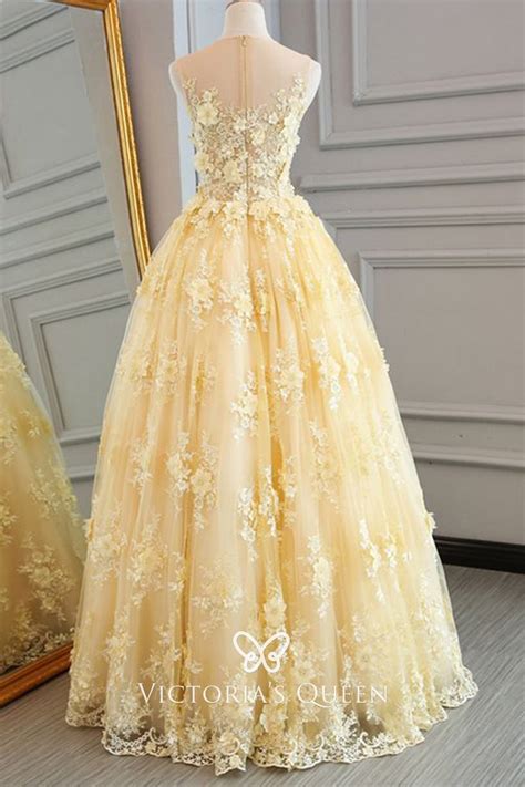 Ball Gown 3d Floral Lace Appliqued Yellow Prom Dress Vq