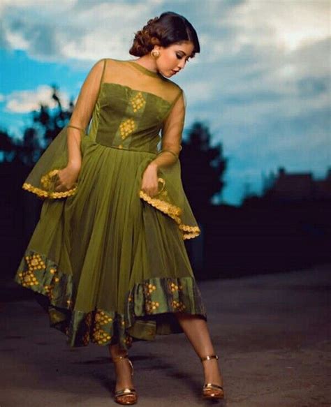 Lady In Green Habesha Kemis Chiffon Dress With Sheer Bell Sleeves And