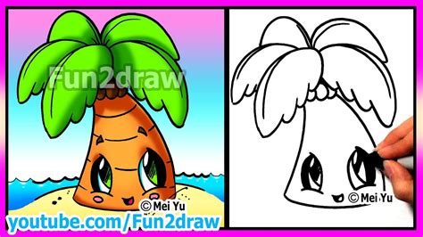 How To Draw Summer Cartoons Cute Easy Beach Palm Tree Fun2draw